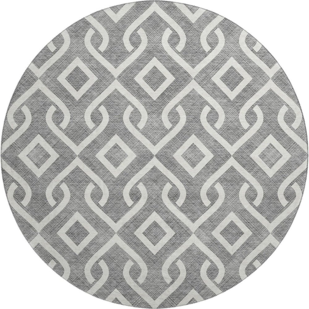 HomeRoots 8' Gray And Ivory Geometric Round Rug - Washable, UV Protected, Durable Design for Modern Living Spaces 652512