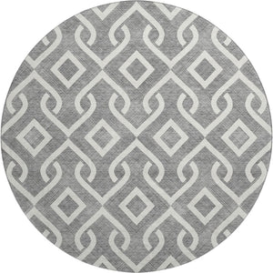 HomeRoots 8' Gray And Ivory Geometric Round Rug - Washable, UV Protected, Durable Design for Modern Living Spaces 652512