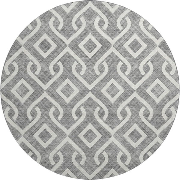 HomeRoots 8' Gray And Ivory Geometric Round Rug - Washable, UV Protected, Durable Design for Modern Living Spaces 652512