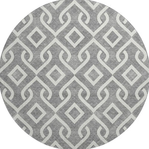 HomeRoots 8' Gray And Ivory Geometric Round Rug - Washable, UV Protected, Durable Design for Modern Living Spaces 652512