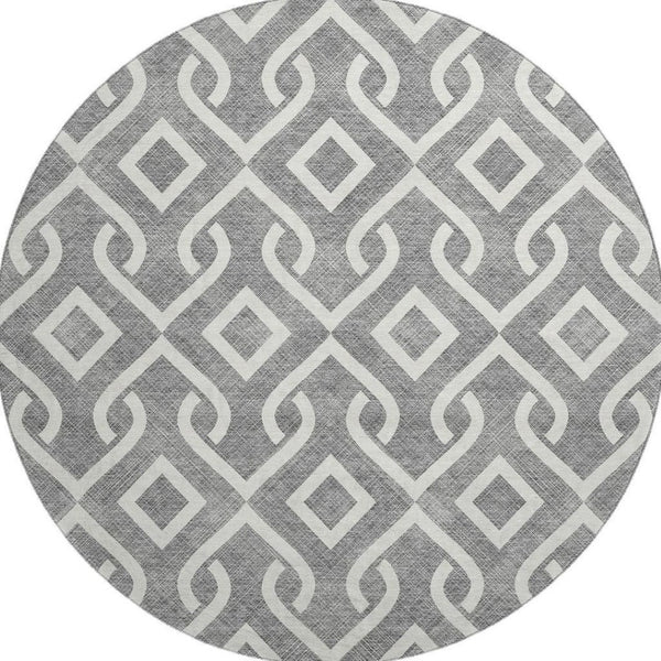 HomeRoots 8' Gray And Ivory Geometric Round Rug - Washable, UV Protected, Durable Design for Modern Living Spaces 652512