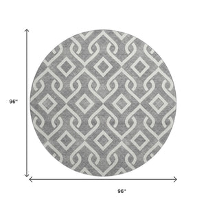 HomeRoots 8' Gray And Ivory Geometric Round Rug - Washable, UV Protected, Durable Design for Modern Living Spaces 652512