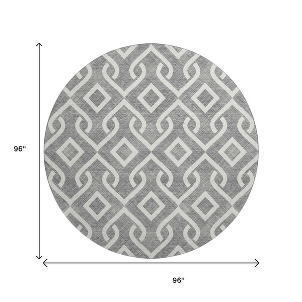 HomeRoots 8' Gray And Ivory Geometric Round Rug - Washable, UV Protected, Durable Design for Modern Living Spaces 652512