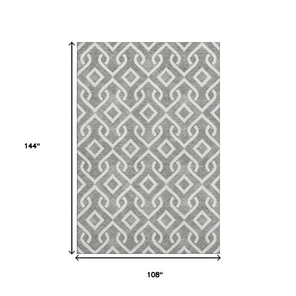 HomeRoots 9' X 12' Gray And Ivory Geometric Area Rug - Washable, UV Resistant, Durable for High-Traffic Homes 652514