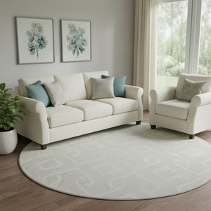 HomeRoots 8' Ivory and Beige Geometric Round Rug - Washable, UV Protected, Stylish, Durable for Modern Spaces 652518