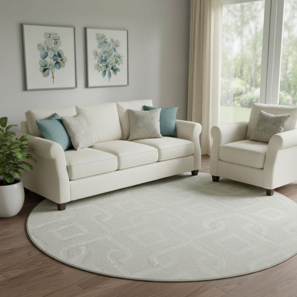 HomeRoots 8' Ivory and Beige Geometric Round Rug - Washable, UV Protected, Stylish, Durable for Modern Spaces 652518