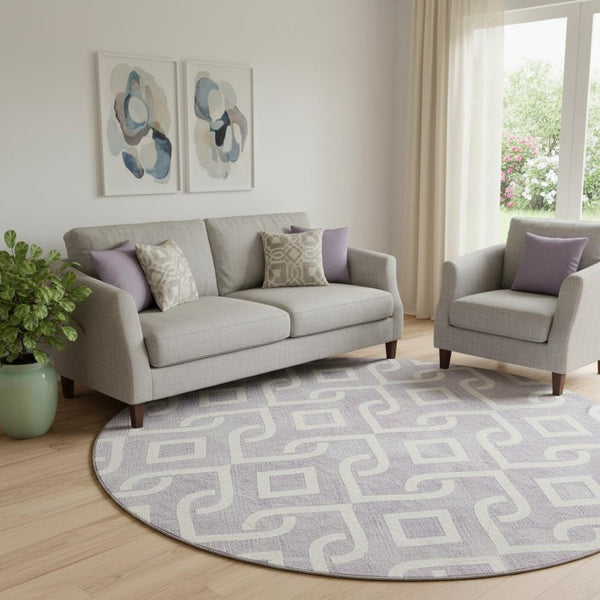HomeRoots 8' Stylish Lavender & Ivory Geometric Round Rug – Washable, UV-Protected, Perfect for High-Traffic Areas 652524