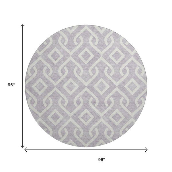 HomeRoots 8' Stylish Lavender & Ivory Geometric Round Rug – Washable, UV-Protected, Perfect for High-Traffic Areas 652524