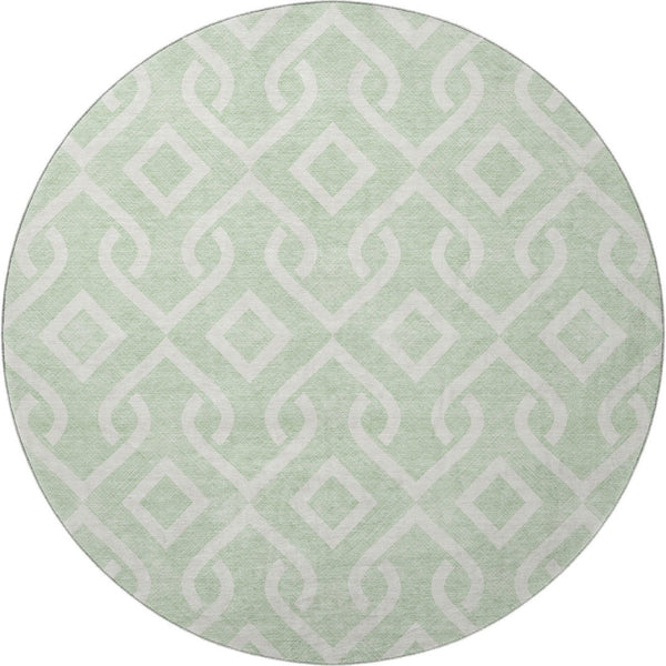 HomeRoots 8' Mint Green Geometric Round Rug - Washable, Stain Resistant, UV Protected, Non-Slip Backing 652530