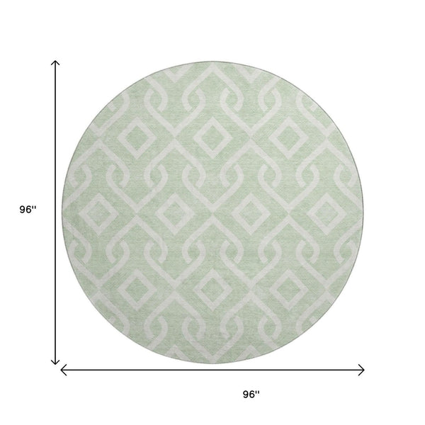 HomeRoots 8' Mint Green Geometric Round Rug - Washable, Stain Resistant, UV Protected, Non-Slip Backing 652530