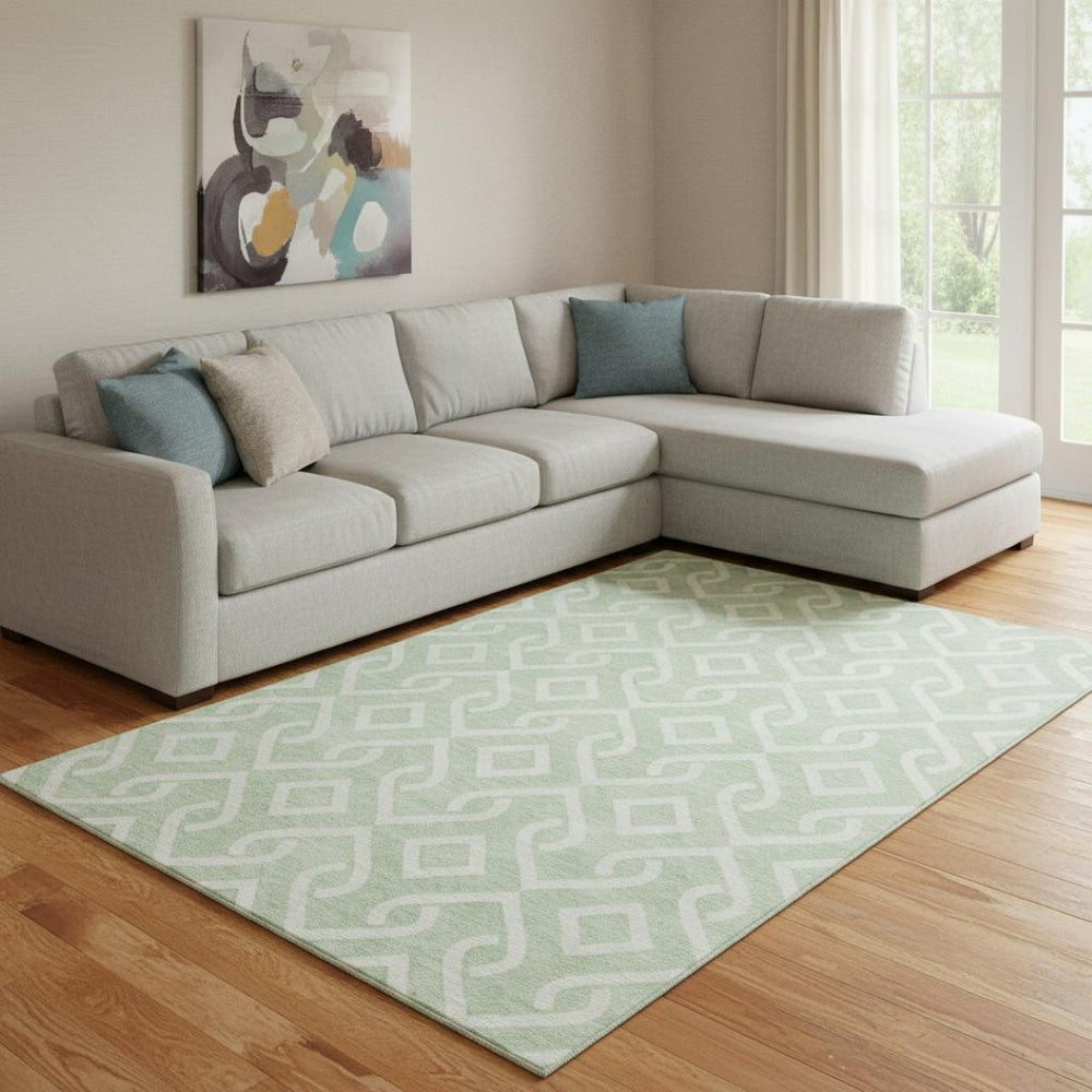 HomeRoots 8' X 10' Stylish Mint Green & Ivory Geometric Area Rug with Stain Resistance & UV Protection 652531
