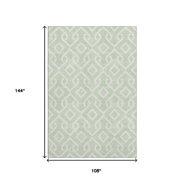 HomeRoots 9' X 12' Mint Green Ivory Geometric Area Rug - Washable, UV Protected, Durable for Indoor & Outdoor Use 652532