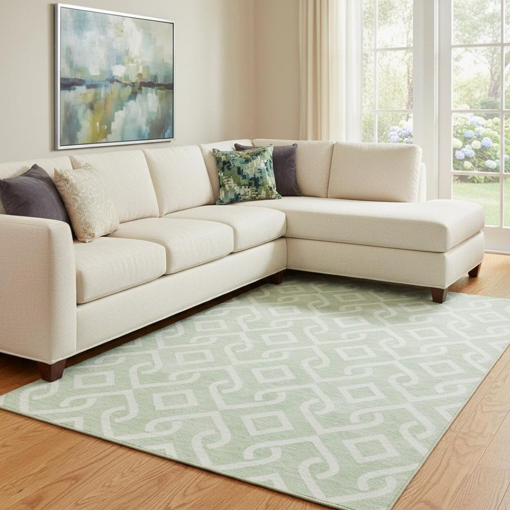 HomeRoots 9' X 12' Mint Green Ivory Geometric Area Rug - Washable, UV Protected, Durable for Indoor & Outdoor Use 652532