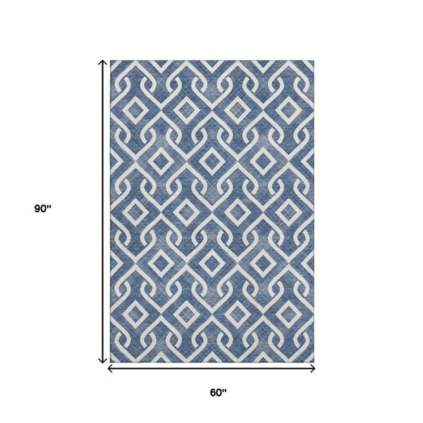 HomeRoots 5' X 8' Navy Blue & Ivory Geometric Area Rug – Washable, UV Protected, Non-Slip & Stain Resistant! 652535