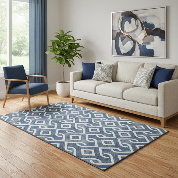 HomeRoots 5' X 8' Navy Blue & Ivory Geometric Area Rug – Washable, UV Protected, Non-Slip & Stain Resistant! 652535
