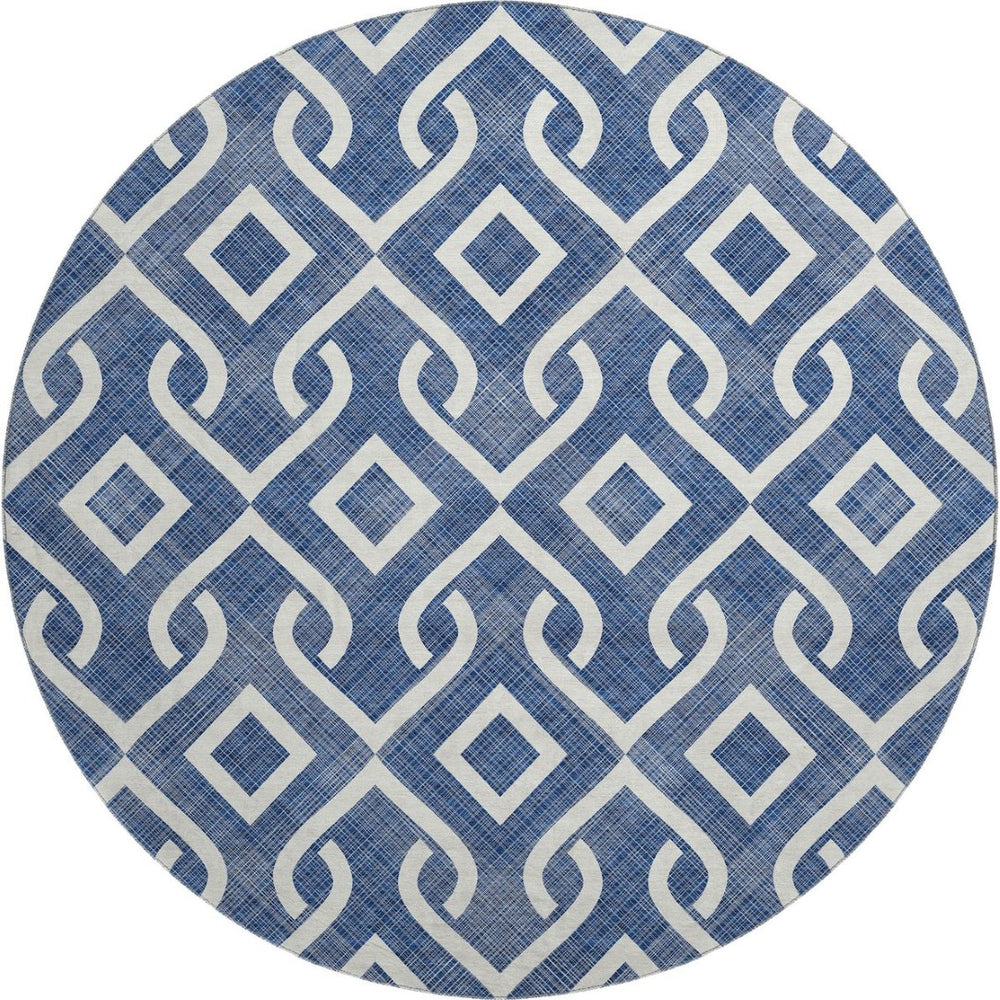 HomeRoots 8' Navy Blue & Ivory Geometric Washable Round Rug - Stylish, Durable, Stain-Resistant & UV Protected 652536