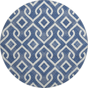 HomeRoots 8' Navy Blue & Ivory Geometric Washable Round Rug - Stylish, Durable, Stain-Resistant & UV Protected 652536