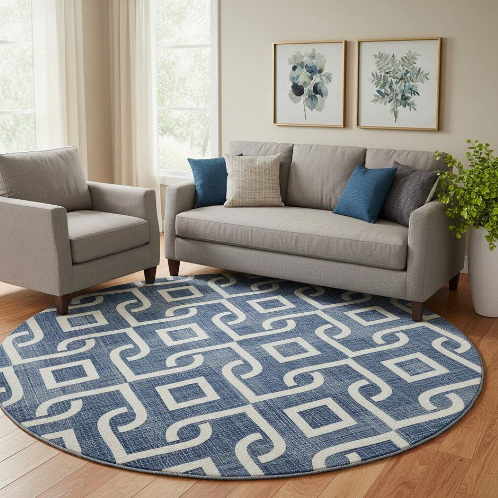 HomeRoots 8' Navy Blue & Ivory Geometric Washable Round Rug - Stylish, Durable, Stain-Resistant & UV Protected 652536