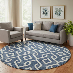 HomeRoots 8' Navy Blue & Ivory Geometric Washable Round Rug - Stylish, Durable, Stain-Resistant & UV Protected 652536