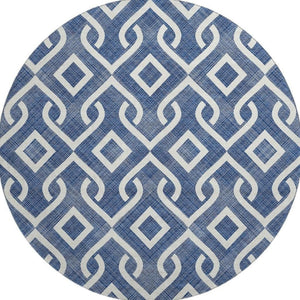 HomeRoots 8' Navy Blue & Ivory Geometric Washable Round Rug - Stylish, Durable, Stain-Resistant & UV Protected 652536