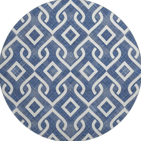 HomeRoots 8' Navy Blue & Ivory Geometric Washable Round Rug - Stylish, Durable, Stain-Resistant & UV Protected 652536