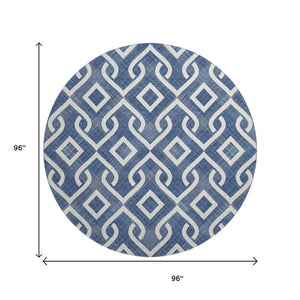 HomeRoots 8' Navy Blue & Ivory Geometric Washable Round Rug - Stylish, Durable, Stain-Resistant & UV Protected 652536