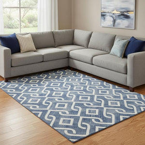 HomeRoots 8' X 10' Stylish Navy Blue and Ivory Geometric Area Rug - Washable, UV Protected, Stain Resistant Design 652537