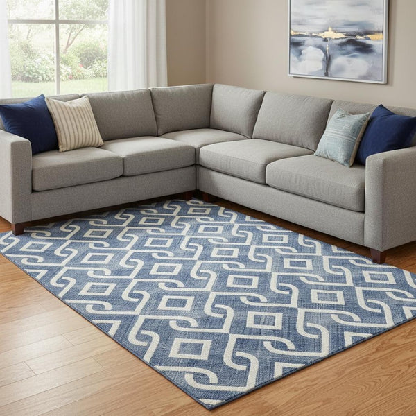 HomeRoots 8' X 10' Stylish Navy Blue and Ivory Geometric Area Rug - Washable, UV Protected, Stain Resistant Design 652537
