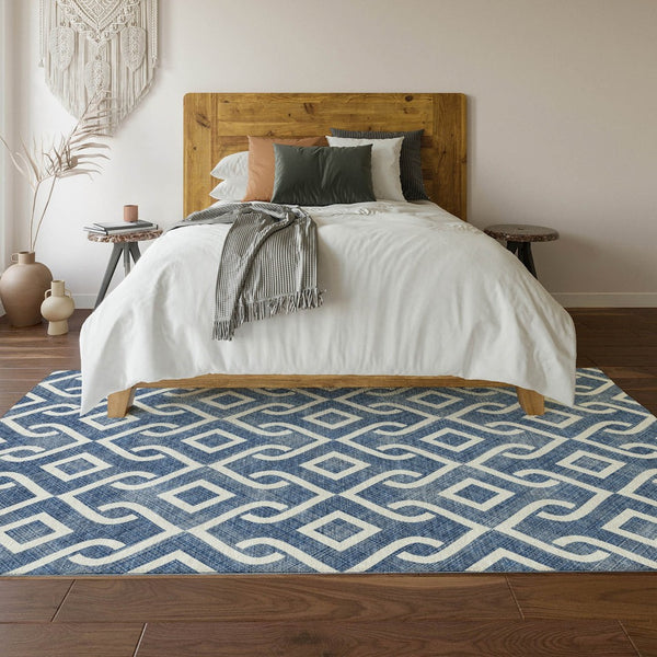 HomeRoots 9' X 12' Navy Blue Geometric Area Rug - Washable, UV Protected, Stain-Resistant, Durable & Stylish 652538