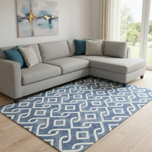 HomeRoots 9' X 12' Navy Blue Geometric Area Rug - Washable, UV Protected, Stain-Resistant, Durable & Stylish 652538