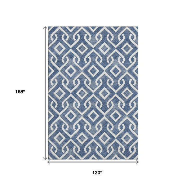 HomeRoots 10' X 14' Navy Blue & Ivory Geometric Area Rug - Washable, Stain-Resistant, UV Protected, Durable Design 652539