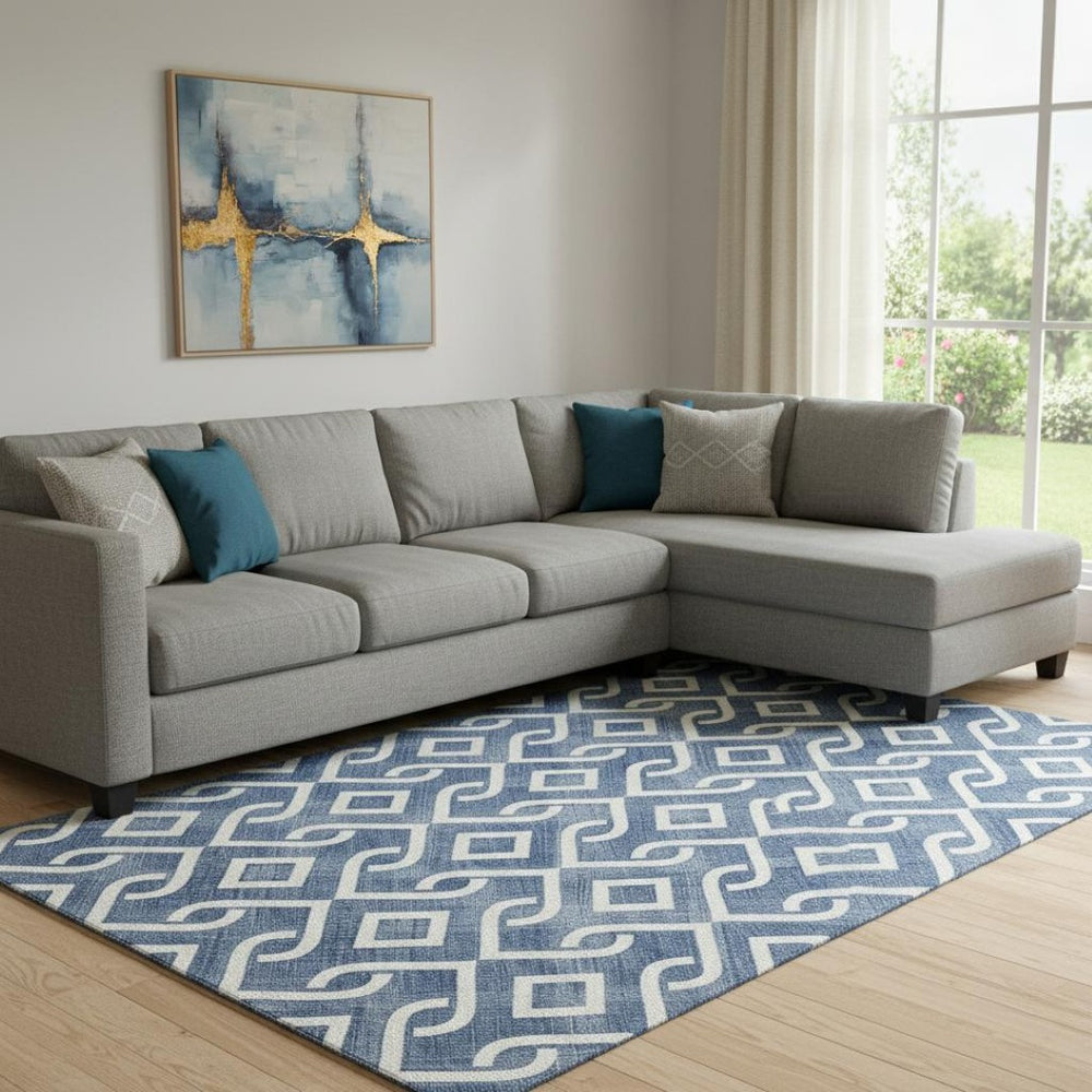 HomeRoots 10' X 14' Navy Blue & Ivory Geometric Area Rug - Washable, Stain-Resistant, UV Protected, Durable Design 652539