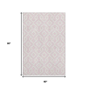 HomeRoots 5' X 8' Pink And Ivory Geometric Area Rug - Durable, Washable, UV-Protected for Modern Spaces! 652547