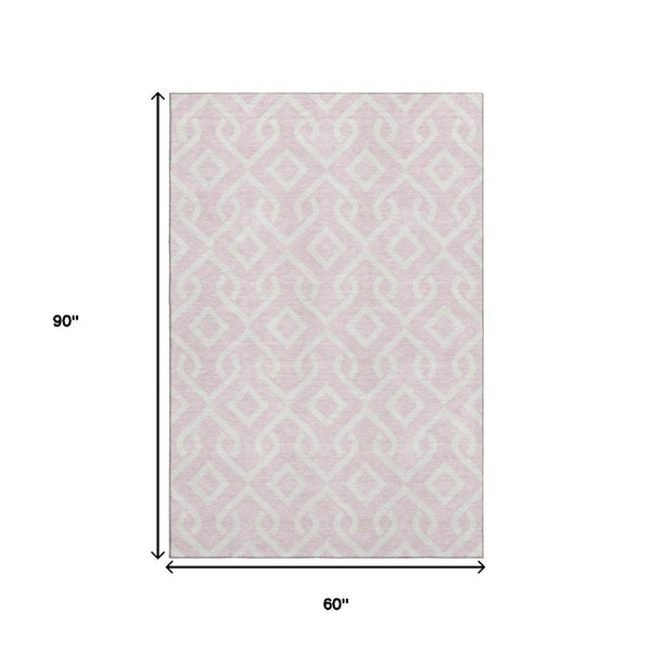 HomeRoots 5' X 8' Pink And Ivory Geometric Area Rug - Durable, Washable, UV-Protected for Modern Spaces! 652547