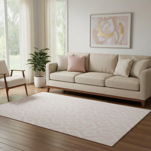 HomeRoots 5' X 8' Pink And Ivory Geometric Area Rug - Durable, Washable, UV-Protected for Modern Spaces! 652547