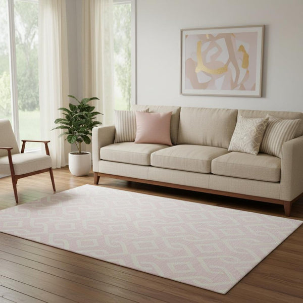 HomeRoots 5' X 8' Pink And Ivory Geometric Area Rug - Durable, Washable, UV-Protected for Modern Spaces! 652547