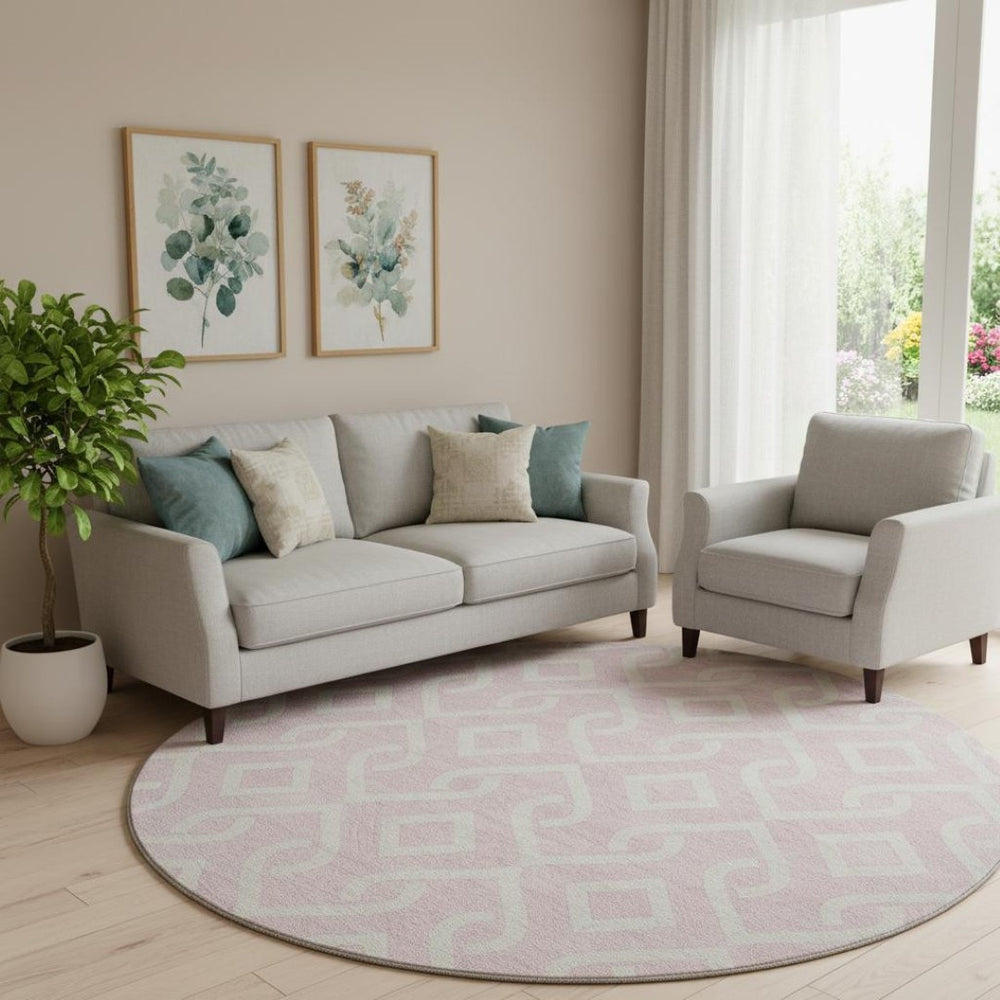 HomeRoots 8' Pink and Ivory Geometric Round Rug - Washable, Stain-Resistant, UV Protected for Modern Homes 652548
