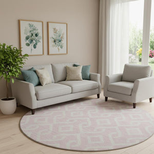 HomeRoots 8' Pink and Ivory Geometric Round Rug - Washable, Stain-Resistant, UV Protected for Modern Homes 652548