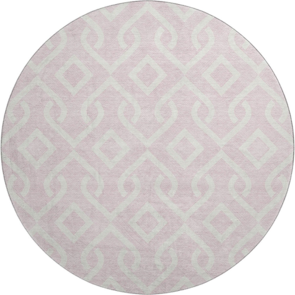 HomeRoots 8' Pink and Ivory Geometric Round Rug - Washable, Stain-Resistant, UV Protected for Modern Homes 652548