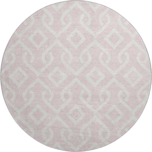 HomeRoots 8' Pink and Ivory Geometric Round Rug - Washable, Stain-Resistant, UV Protected for Modern Homes 652548