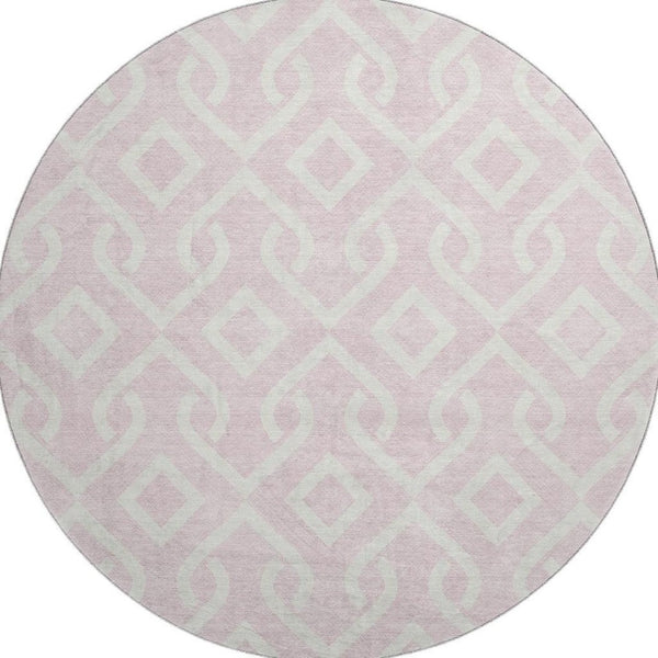 HomeRoots 8' Pink and Ivory Geometric Round Rug - Washable, Stain-Resistant, UV Protected for Modern Homes 652548