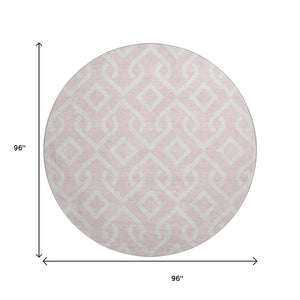 HomeRoots 8' Pink and Ivory Geometric Round Rug - Washable, Stain-Resistant, UV Protected for Modern Homes 652548