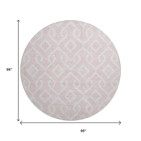 HomeRoots 8' Pink and Ivory Geometric Round Rug - Washable, Stain-Resistant, UV Protected for Modern Homes 652548
