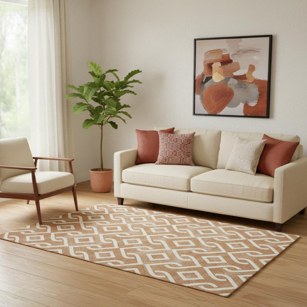 HomeRoots 5' X 8' Chili Red & Ivory Geometric Washable Area Rug - Durable, UV-Protected, Modern Design! 652553