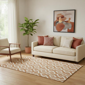 HomeRoots 5' X 8' Chili Red & Ivory Geometric Washable Area Rug - Durable, UV-Protected, Modern Design! 652553