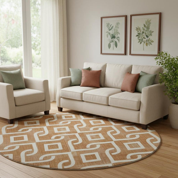 HomeRoots 8' Chili Red Geometric Round Rug - Washable, UV Protected, Durable Design for High-Traffic Areas 652554