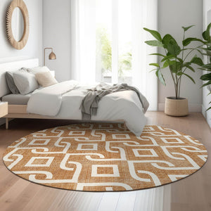 HomeRoots 8' Chili Red Geometric Round Rug - Washable, UV Protected, Durable Design for High-Traffic Areas 652554