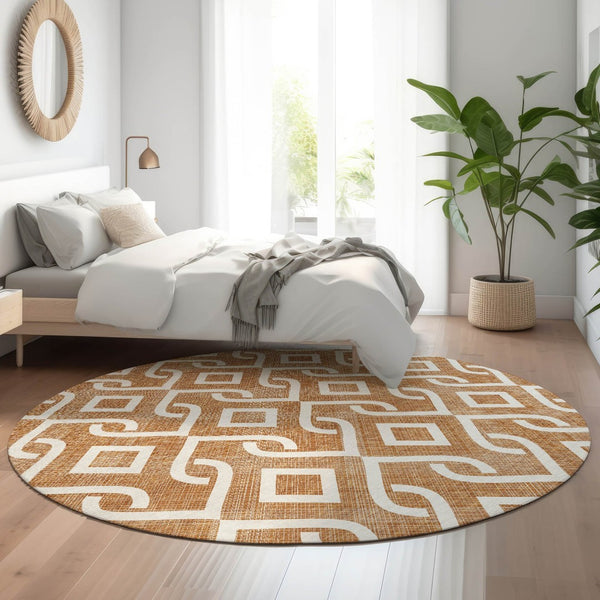 HomeRoots 8' Chili Red Geometric Round Rug - Washable, UV Protected, Durable Design for High-Traffic Areas 652554