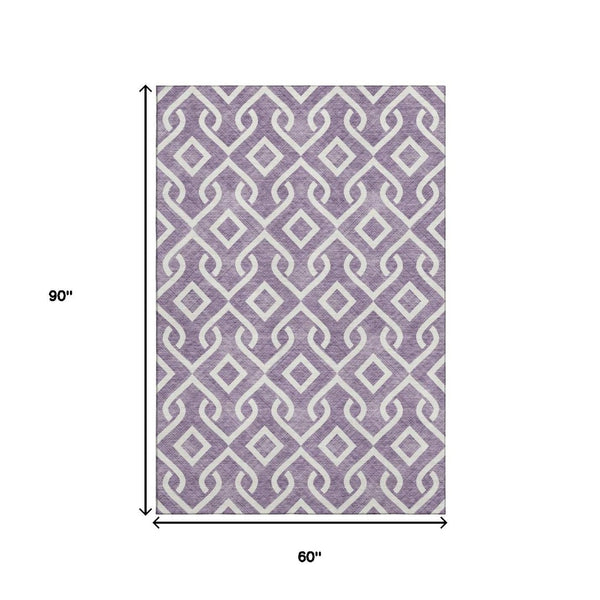 HomeRoots 5' X 8' Geometric Purple and Ivory Washable Area Rug – Stain Resistant, UV Protected, Stylish Comfort 652559