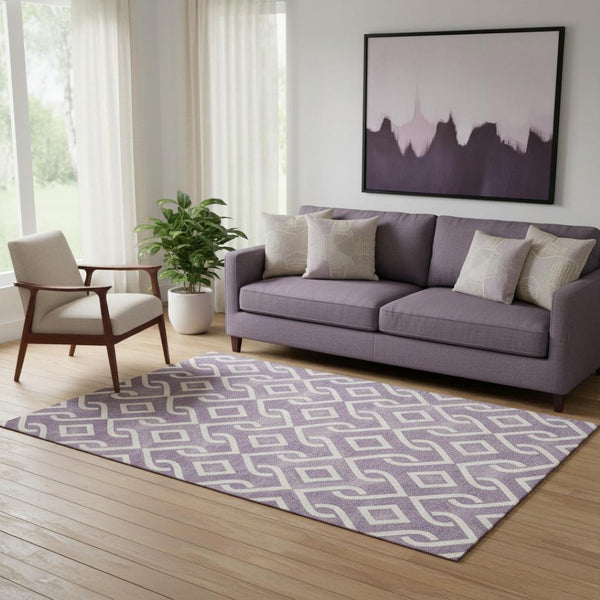 HomeRoots 5' X 8' Geometric Purple and Ivory Washable Area Rug – Stain Resistant, UV Protected, Stylish Comfort 652559